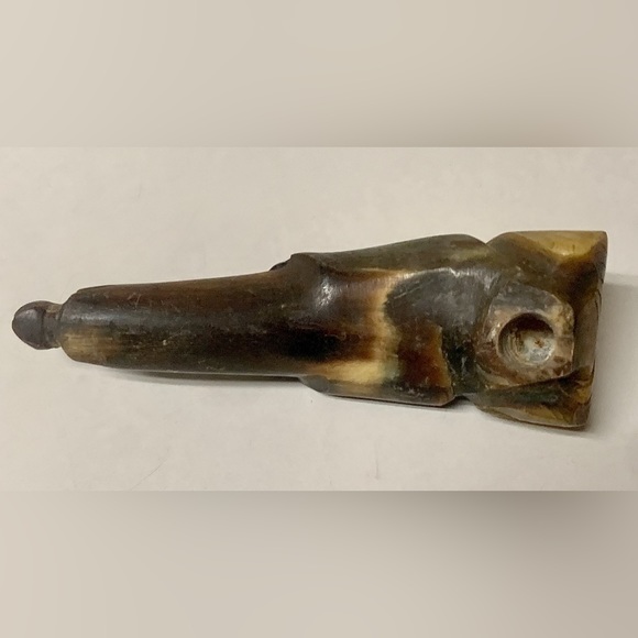 Antique Folk Artisan Hand Carved Bull Horn Figural Dog Head Cane Handle - Picture 2 of 16